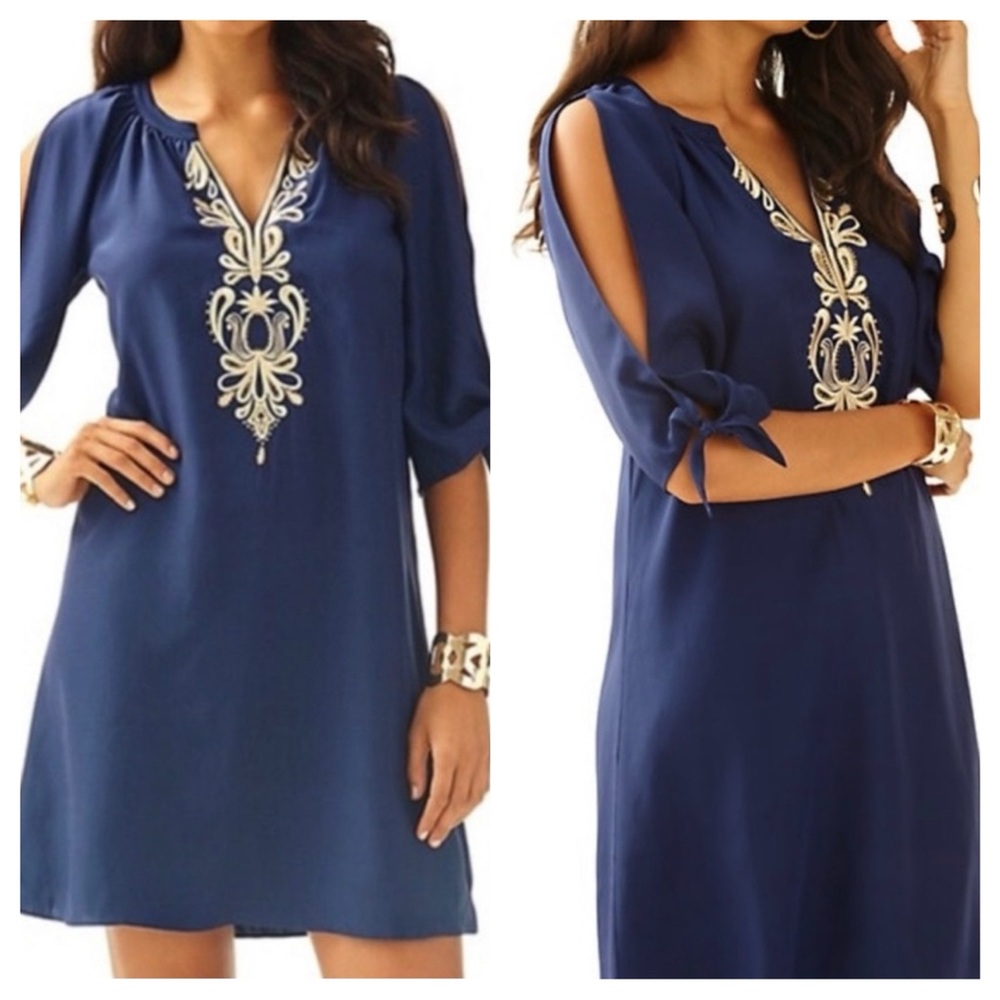 Lilly Pulitzer Bryce Dress 100% Silk in True Navy Gold Embroidery Sz M Luxury